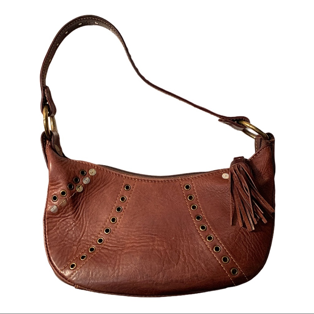 Vintage Rossini Boho Leather Tooled Studded Clutch Purse Handbag
